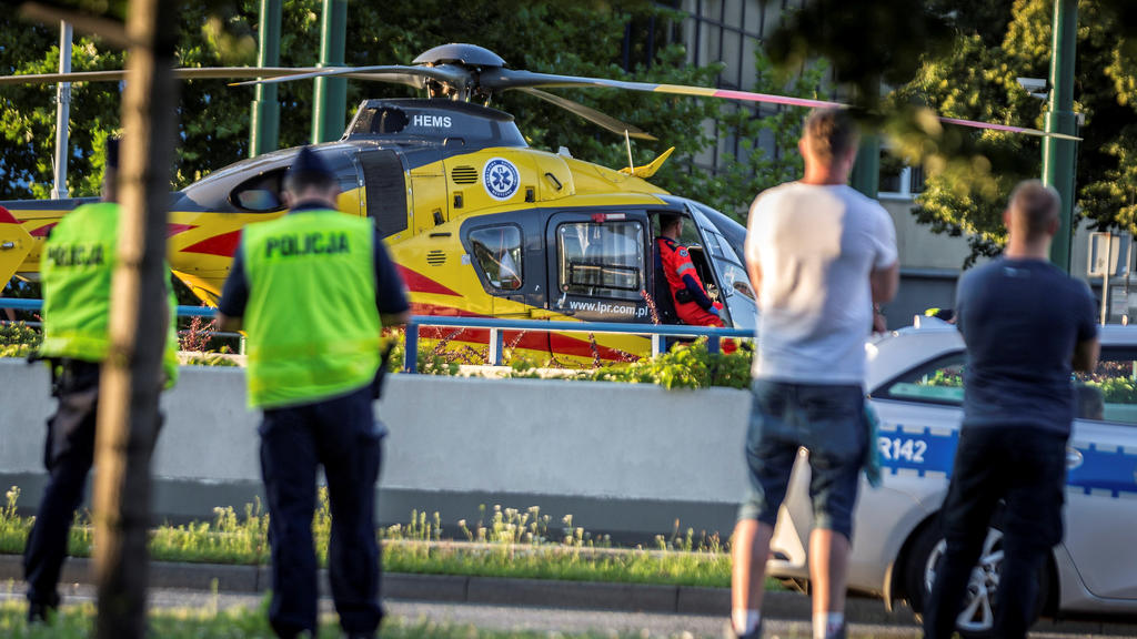 A rescue helicopter is seen on the site where Dutch cyclists Fabio Jakobsen and Dylan Groenewegen crashed, while at the finish line on stage one of the Tour de Pologne in Katowice, Poland August 5, 2020. Grzegorz Celejewski/Agencja Gazeta/via REUTER