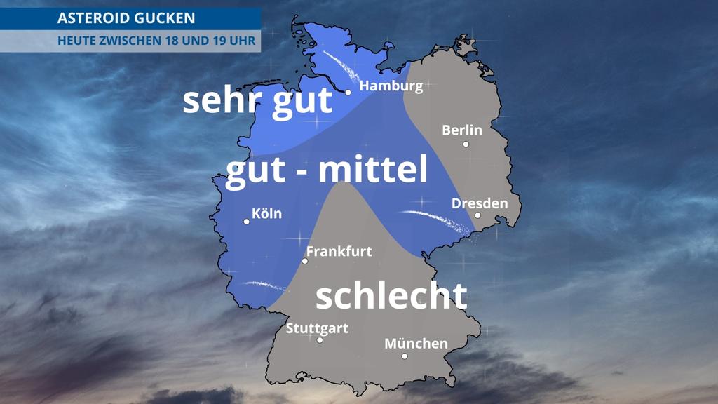 Unsere Deutschlandkarte zeigt, wo man in Deutschland die besten Möglichkeiten hat, um mit einem Teleskop den Asteroiden zu sehen.