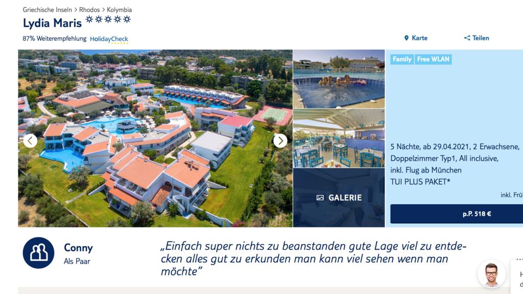 Das Angebot des "Lydia Maris" auf der Webseite von TUI