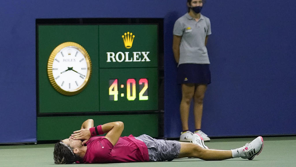 13.09.2020, USA, New York: Tennis: Grand Slam, ATP-Tour - US Open, Einzel, Herren, Finale, Zverev (Deutschland) - Thiem (Österreich): Dominic Thiem aus Österreich reagiert nach dem Sieg. Foto: Frank Franklin II/AP/dpa +++ dpa-Bildfunk +++