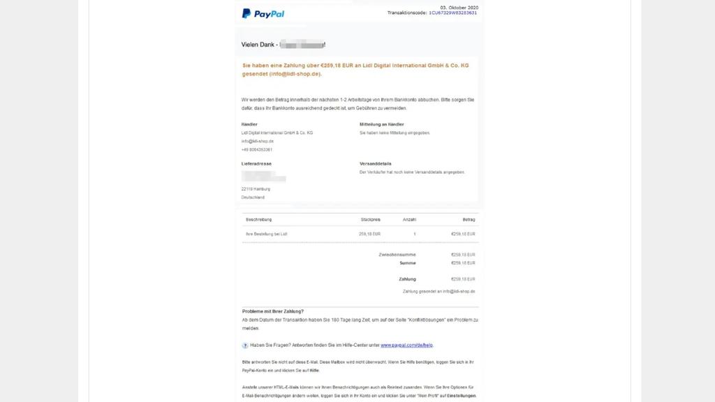 Phishing-Mail von PayPal