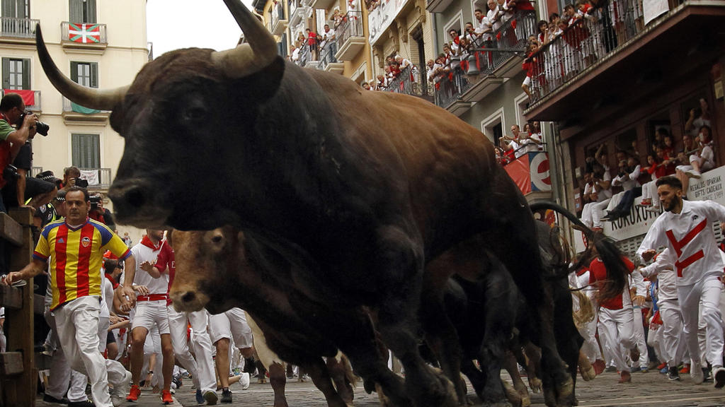 Ein Stier wird am 13.07.2017 in Pamplona (Spanien) durch die Gassen der Innenstadt getrieben. Bis kommenden Freitag werden täglich am frühen Vormittag jeweils sechs zum Teil über 600 Kilogramm schwere Kampfbullen und auch mehrere Leitochsen von Hunde