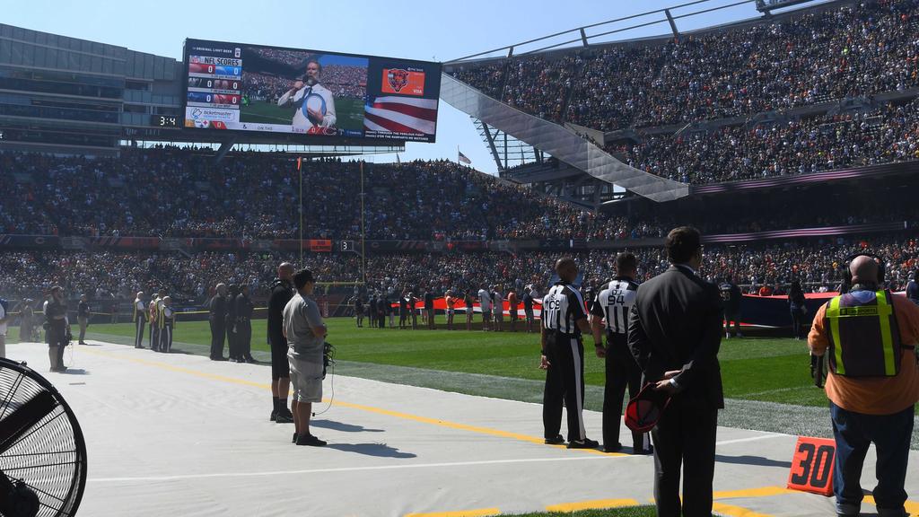 Sep 24, 2017; Chicago, IL, USA; An empty sideline as the players for the Pittsburgh Steelers did not come out for the National Anthem before the game against the Chicago Bears at Soldier Field. Mandatory Credit: Mike DiNovo-USA TODAY Sports