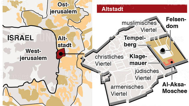 GRAFIK --- Karte mit israelischen und palaestinensichen Siedlungen (90 x 82mm, hoch) vom Mittwoch, 06. Dezember 2017 (KEYSTONE/Gerhard Riezler) |