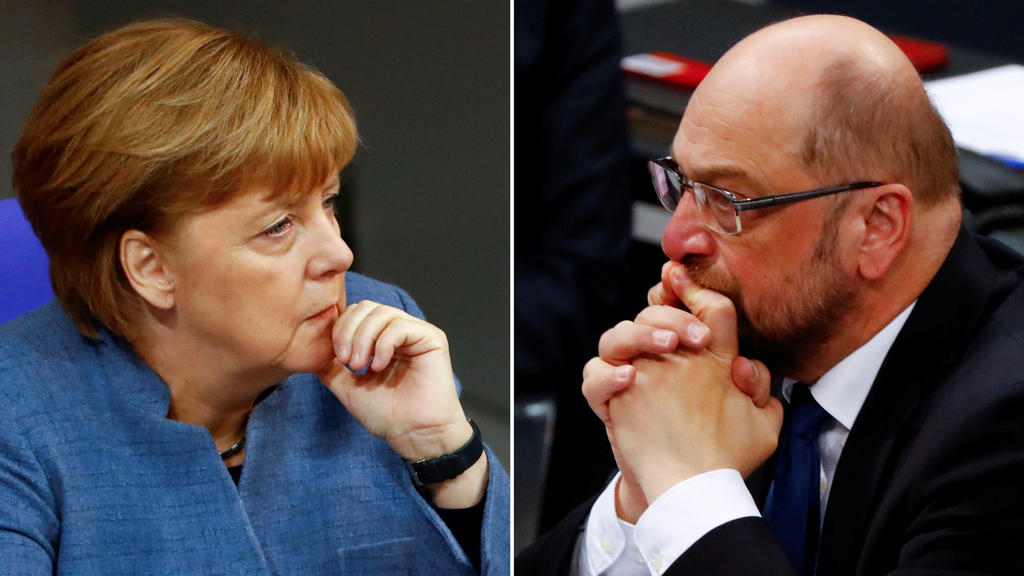 A combination of two photos show German Chancellor Angela Merkel and Social Democratic Party (SPD) leader Martin Schulz as they attend a debate of the lower house of parliament Bundestag in Berlin, Germany, December 12, 2017. REUTERS/Fabrizio Bensch